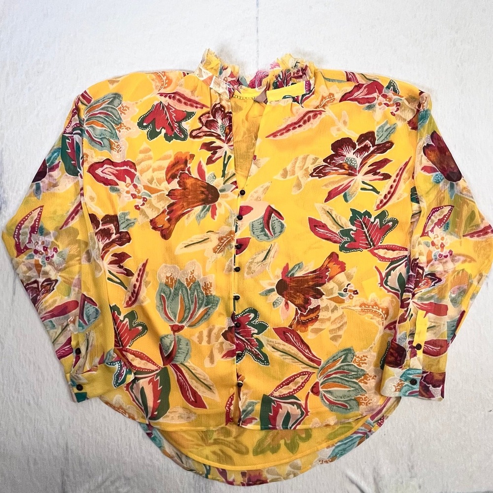 Pilcro Anthropologie Yellow Floral Blouse‎ XL Sheer Button Front Long Sleeve